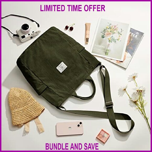 Large Corduroy Tote Bag with Zipper, Adjustable Strap for Work Travel - Picture 5 of 8